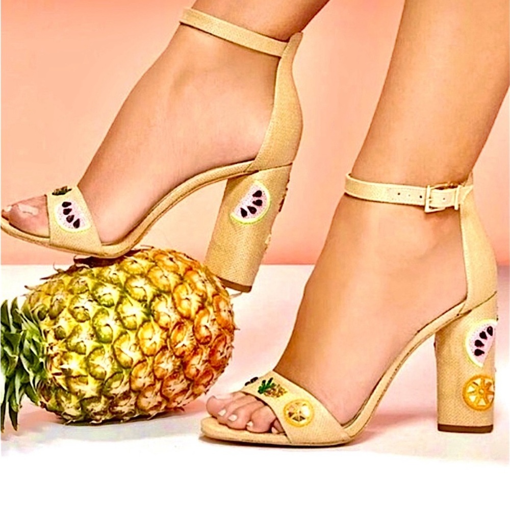 GIANNI BINI fruit embroidery embellished ankle strap chunky high heels